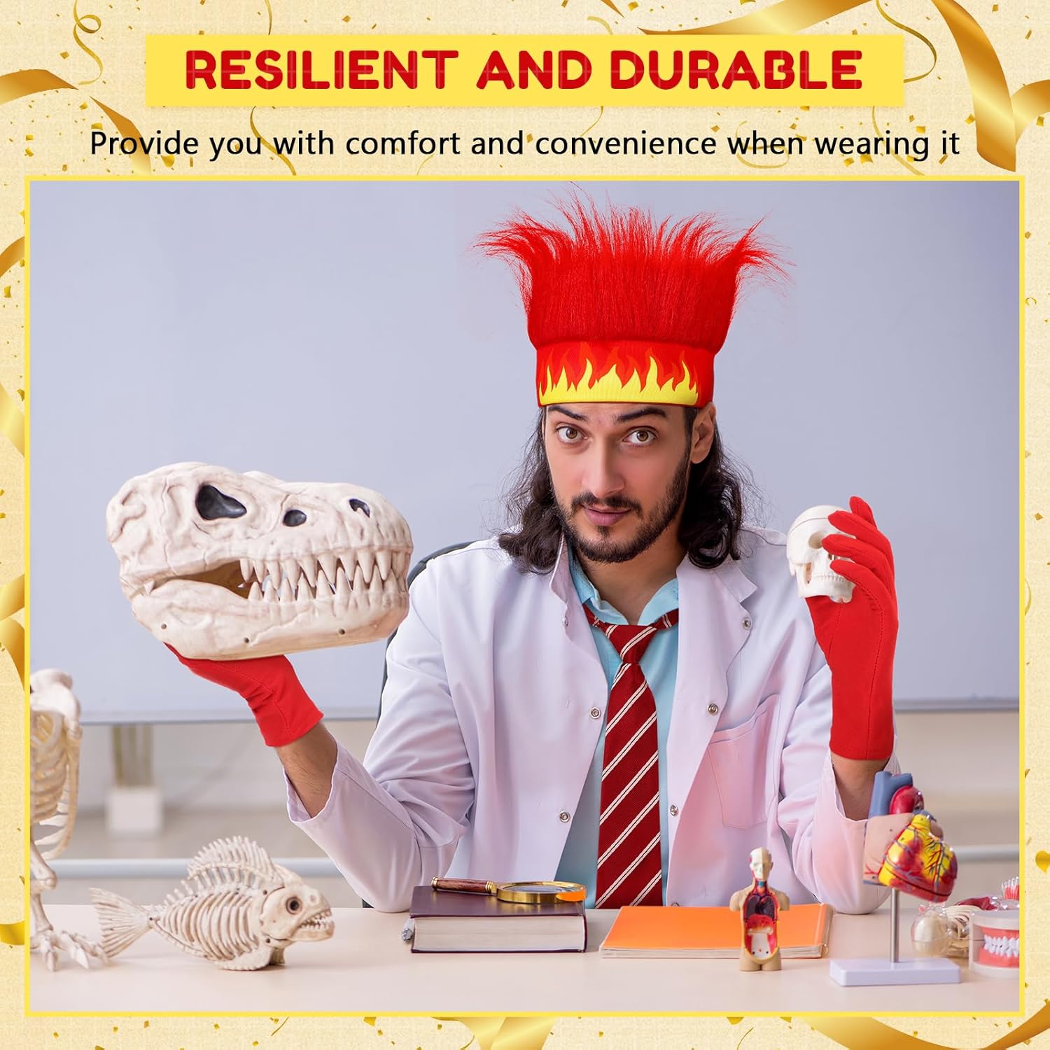 3 Pcs Halloween Angry, 1 Red Hairy Headband Flame Crazy Wig, 1 Pair Red Gloves and 1 Adjustable Striped Tie for Adult - Image 3