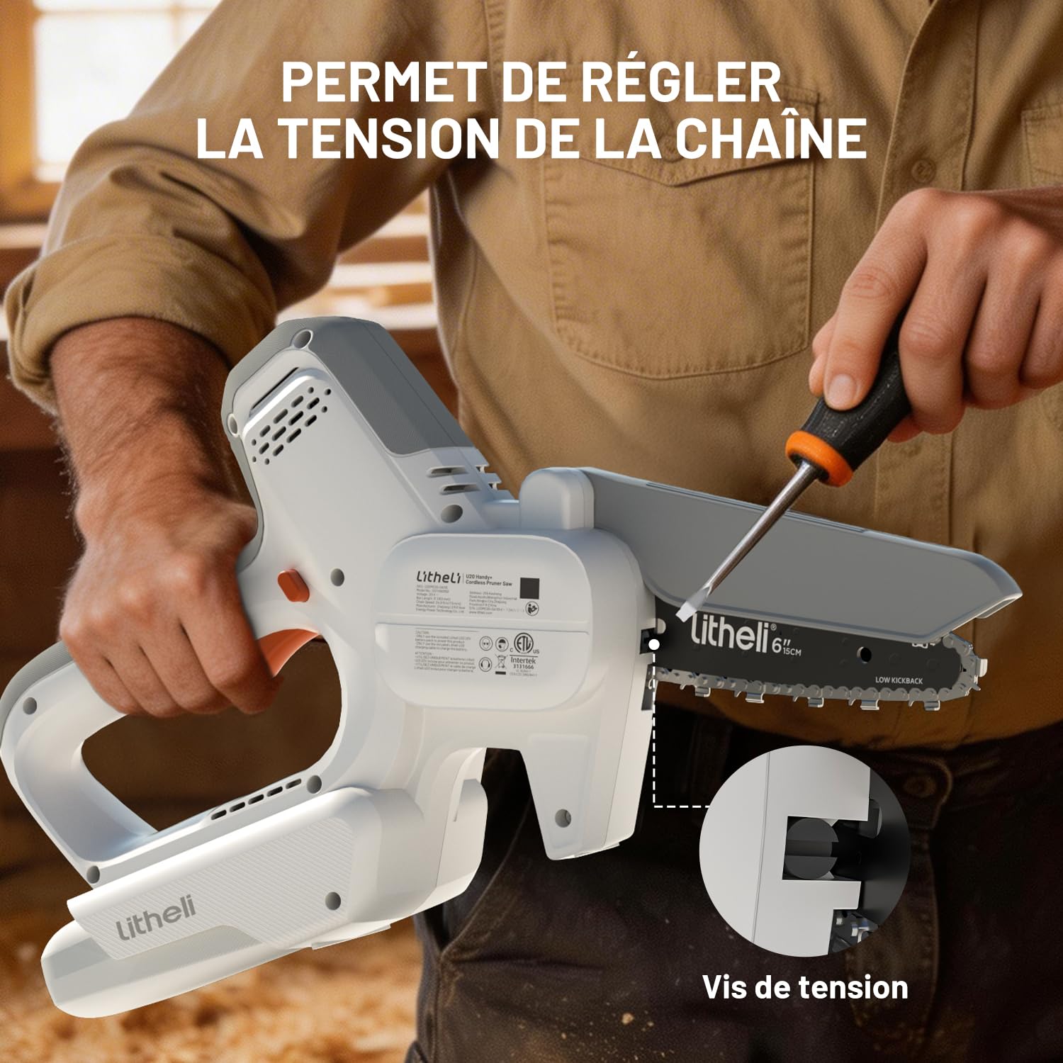 Litheli Mini Tronçonneuse à Batterie 10000 mAh, 20V, 6 Pouces Tronconneuse Electrique Sans Fil, Tension de Chaîne Réglable, Verrouillage Sécurité, Élagueuse, Petite Tronçonneuse pour Bois et Branches