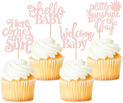Miniatura 7 de Paquete de 24 adornos para cupcakes con texto en inglés A Little Sunshine is On The Way, Here Comes The Sun, Here Comes The Sun, para bodas, baby