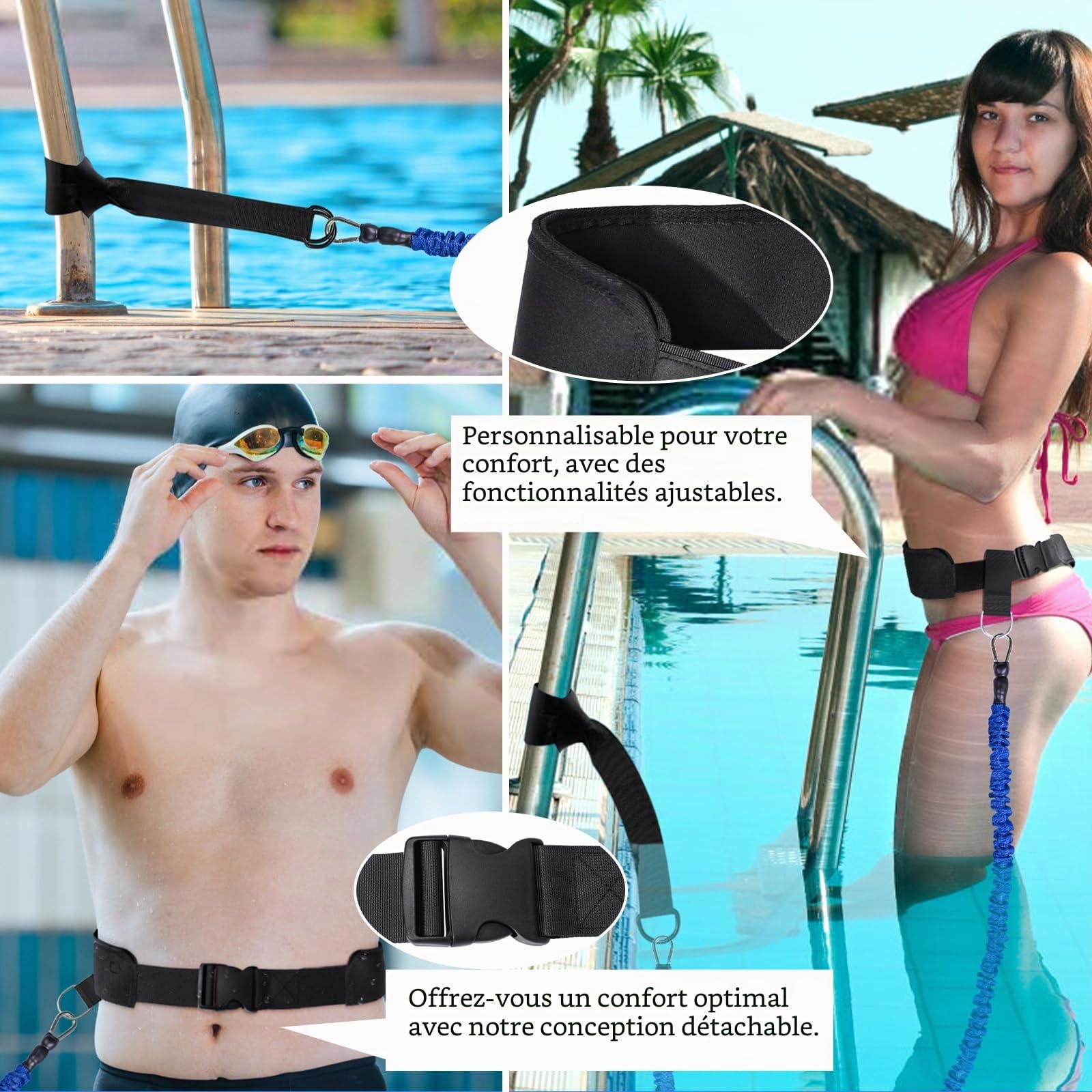 Sangle de Natation pour Piscine - Entraîneur de Natation Professionnel avec résistance réglable de 2,5 à 7,5 m - Ceinture d'entraînement pour Adultes- Entraînement de Piscine sans système