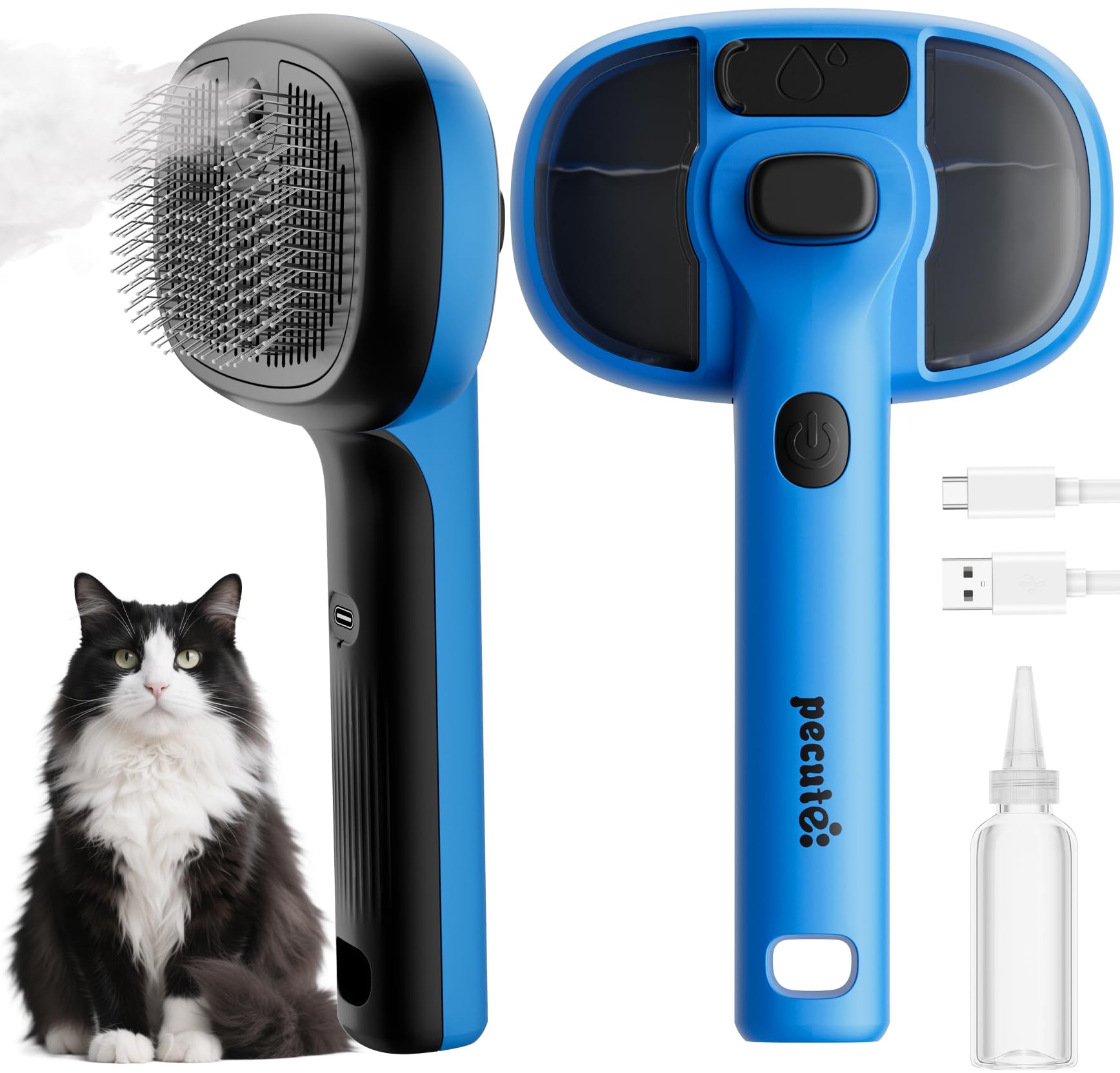 pecute Spazzola a Vapore per Gatti, Spazzola a Vapore per Cani, Funzione Nebbia Densa e Nebbia Fine, Non Riscalda, Epilazione con un Clic, Peli Lunghi e Corti, Serbatoio dell'acqua Visibile,Blu