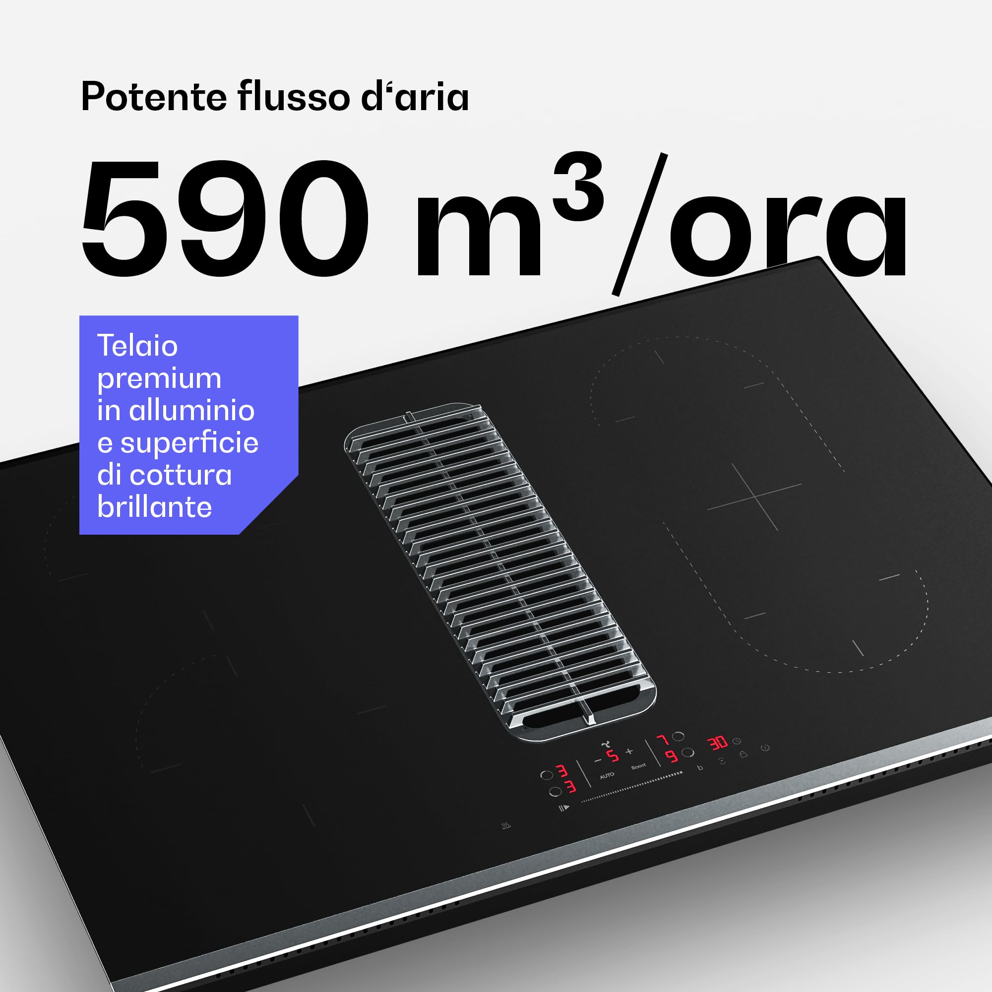 Klarstein Verosteel Piano Induzione con Cappa Integrata - 80cm, 4 Zone, 7400W, Touch Slider, Timer, Blocco Bambini, Vetro Nero, Cappa 590 m³/h, Piano Cottura Integrata