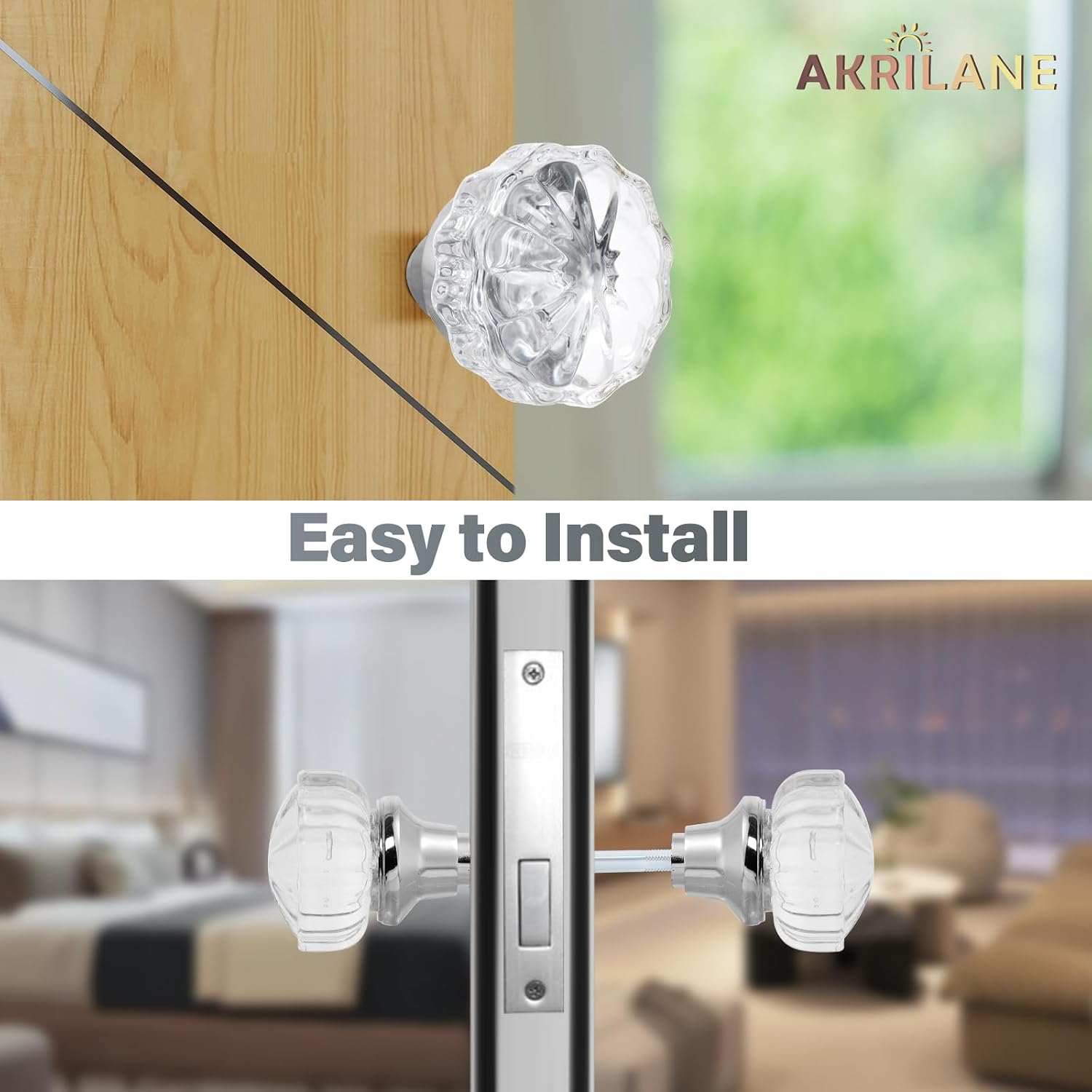 AKRILANE Mortise Glass Door Knobs Antique Crystal Vintage Style Knob Set with Spindle Antique Doorknobs for Interior Doors - Satin Nickel