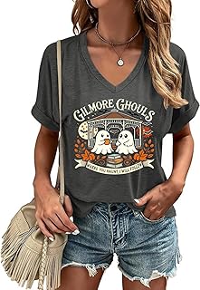Butovek Women Fall Halloween V Neck Shirt Thanksgiving Graphic Short Sleeve Tee Autumn Holiday
