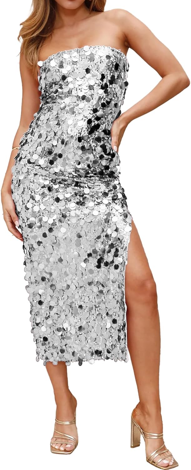 YYA Women's Midi Strapless Dress Sequin Strappy Bodycon Party Dress Sparkly Glitter Ruched Party Club Dress,S-XL - Image 4