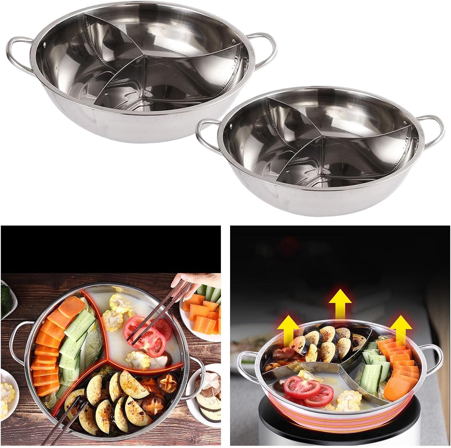 Chinese Chafing Dish Pot Cookware with 3 with Divider for Kitchen Shop Hotel