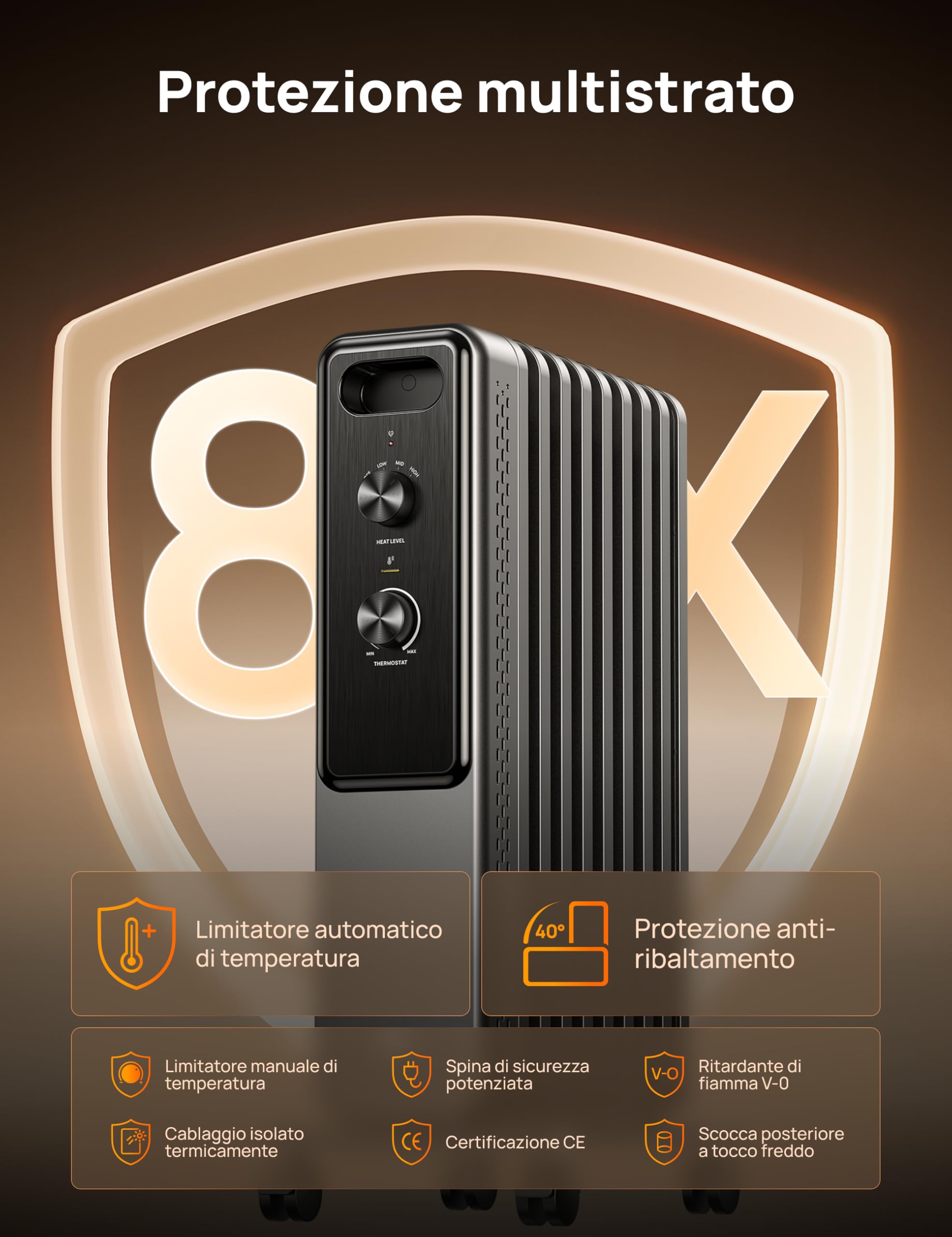 Dreo Radiatore a olio 2000W con 9 elementi, stufa elettrica silenziosa per camera da letto, termostato regolabile, protezione surriscaldamento e ribaltamento, blocco bambini e risparmio energetico
