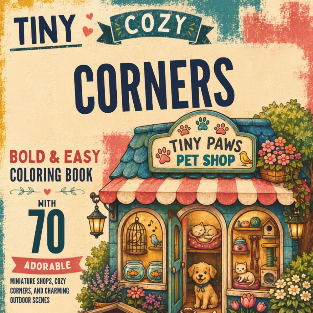 Tiny Cozy Corners: Bold & Easy Coloring Book with 70 Adorable Miniature Shops, Cozy Corners, and Charming Outdoor Scenes