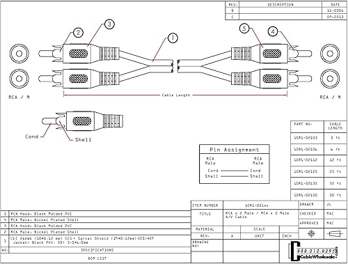Miniatura 2 de Cable de audio estéreo RCA, 2 cables RCA macho a macho, 2 canales (izquierdo y derecho) 26 AWG, 25 pies, negro
