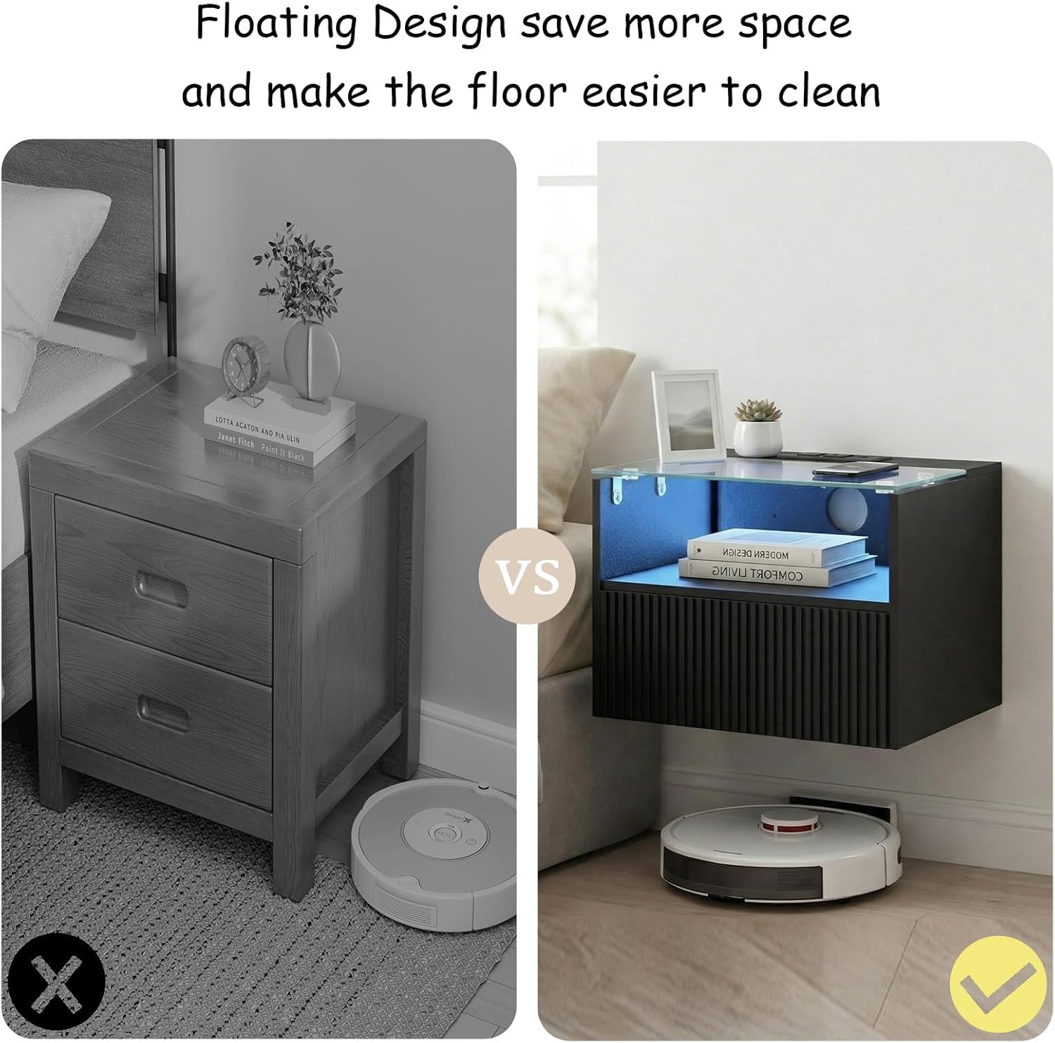 Arbuxzuy Floating Nightstand Set of 2 with Charging Station, Modern Wall Mounted Bedside Table with Drawer & Open Shelf, Made of Minimalist Wood & Glass for Bedroom (Black)