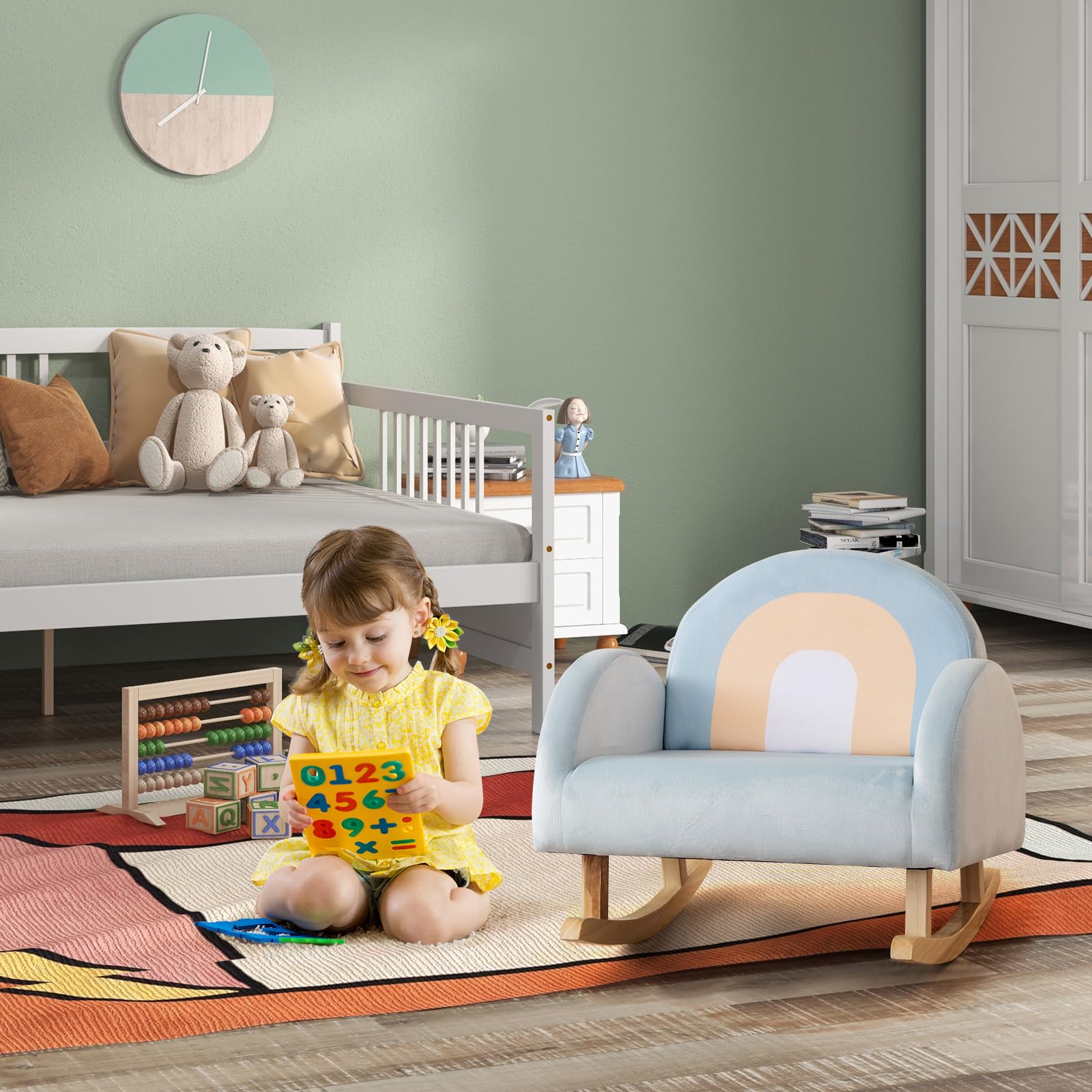 COSTWAY Sedia a Dondolo per Bambini in Legno, Poltrona Imbottita per Bambini con Rivestimento in Velluto Morbido, Design Antiribaltamento, per Camera da Letto, Soggiorno