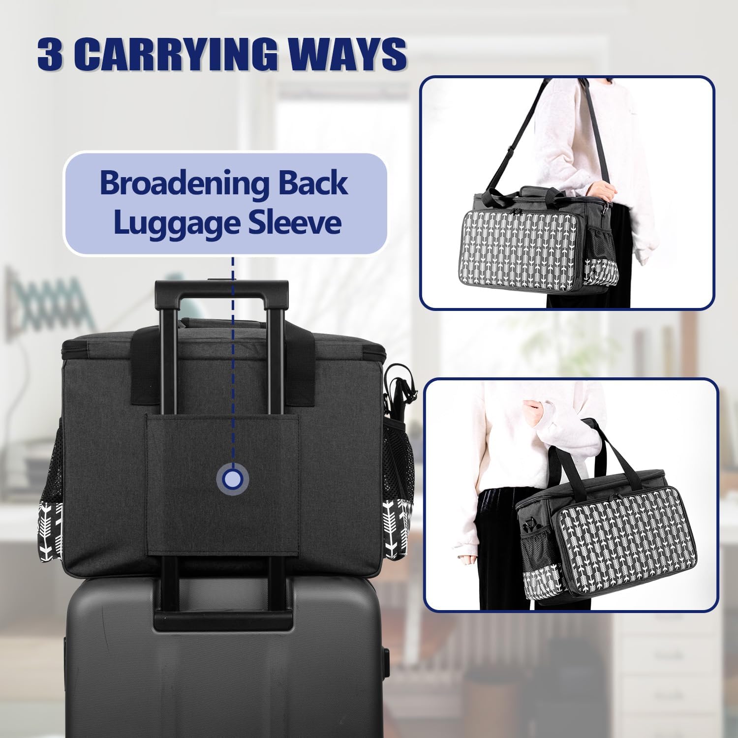 Yarwo Sewing Machine Carrying Case with Thicken Bottom Board, Universal Sewing Machine Tote Compatible with Most Standard Sewing Machine and Accessories, Black with Arrow
