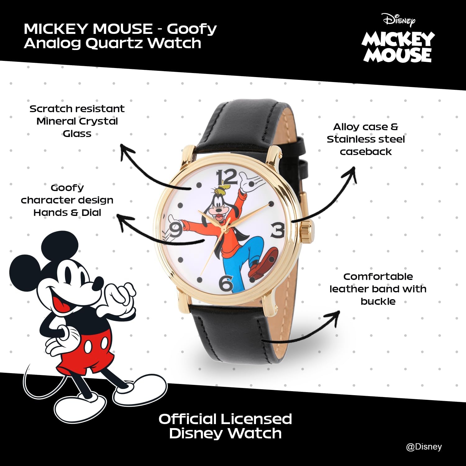 Disney Men's Goofy Watch – Stylish & Fun Goofy Watches for Men Fans & Collectors – Classic Watch with Black Leather Strap, White Dial & Metal Case