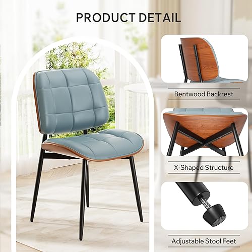 Miniatura 5 de Juego de 2 sillas de comedor, modernas de mediados de siglo con cojín grueso, sillas de cocina tapizadas de piel sintética con respaldo de madera