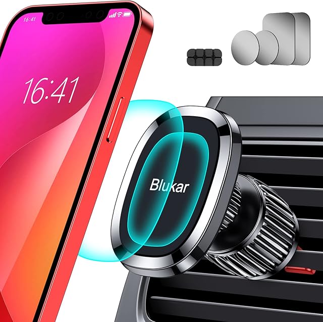 Blukar Car Phone Holder Magnetic, Magnetic Air Vent Car Phone Mount with 6 X N52 Strongest Magnet, [2022 Upgrade Hook Design] 360° Rotation Mobile Phone Holder for 4 to 7 Phones - Cable Clip Included