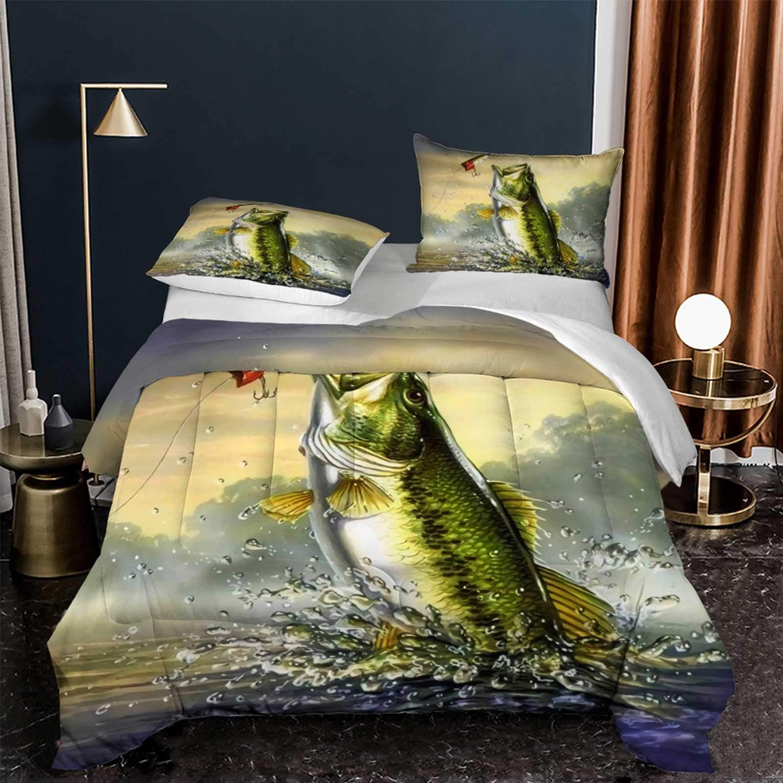 YEARGER Fishing Comforter Set Largemouth Sea Bass Themed Bedding Set Soft Microfiber Decorative Quilt Set with 2 Pillow Shams (175x218cm,B)