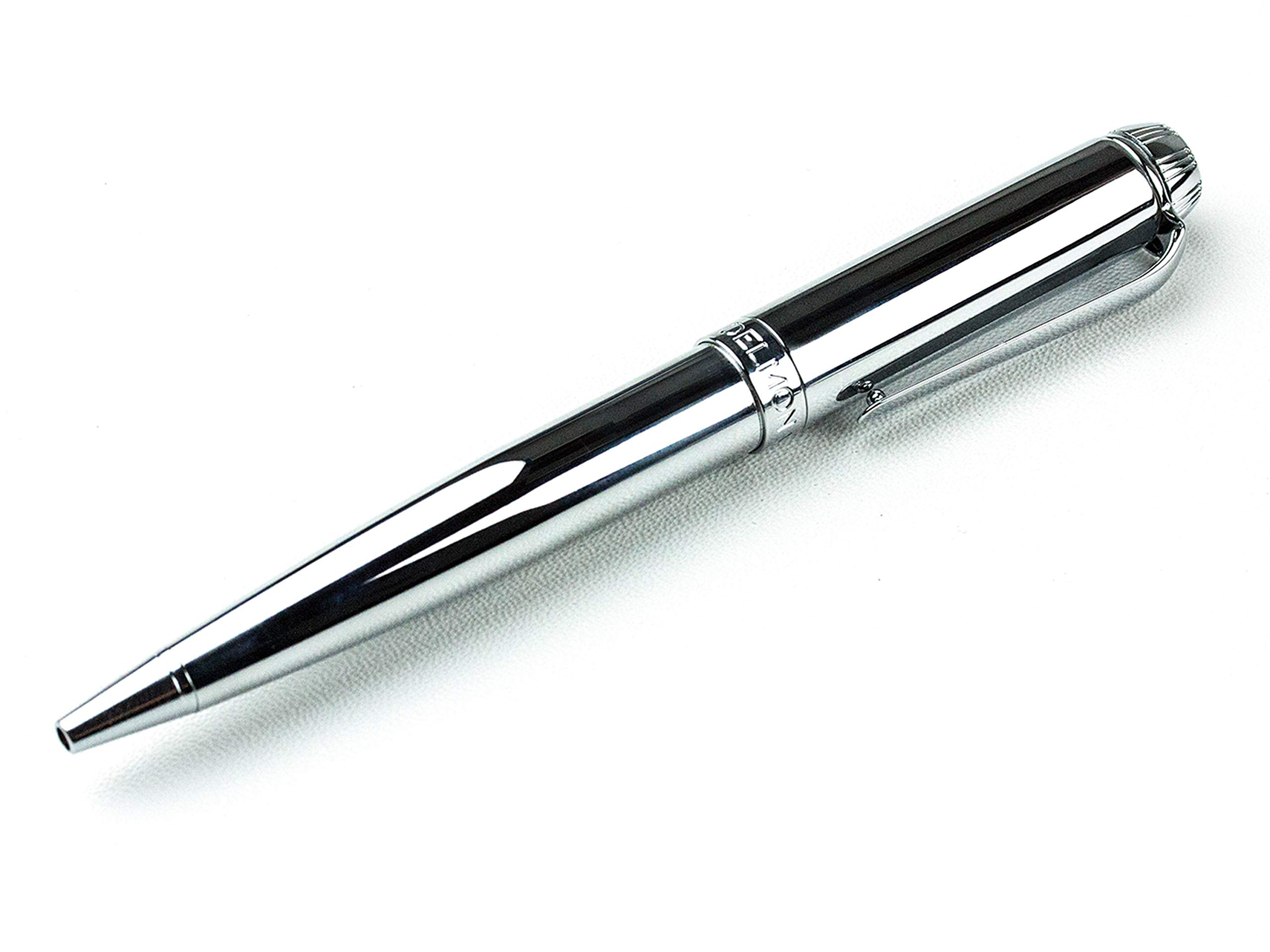 DELMON VARONE - Premium Drehkugelschreiber Silber nachfüllbar mit Blau schreibender Mine & Lederetui - Herren Metall Kugelschreiber edel, mit silberfarbener Oberfläche & Leder Etui mit Gravur