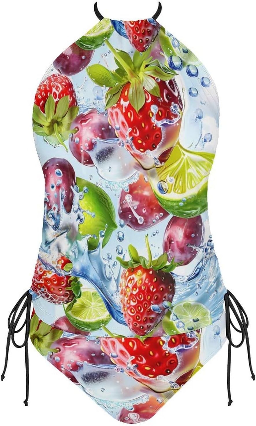 3D Fruits in Water Women's Tankini Swimsuit Two Piece Tummy Control Bathing Suits Tie String Swimwear