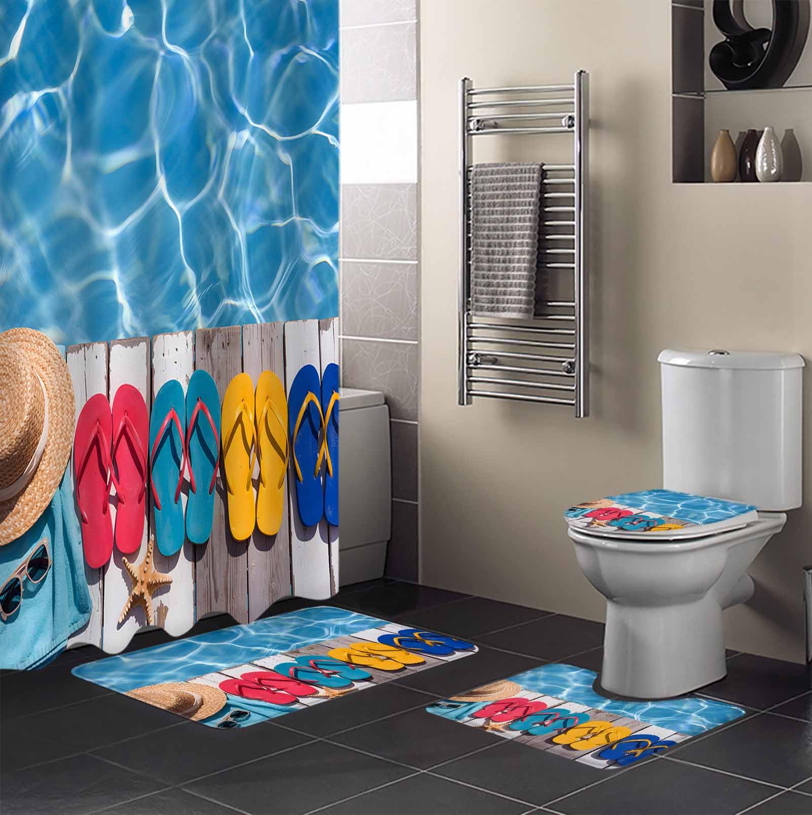 Summer Slippers Bathroom Set with Shower Curtain and Rug and Accessories - 36x72 Inches Long Tropical Straw Hat Pool Wood Grain Stall Curtain Waterproof with Large Bath Mat, Washable Runner Rug Set