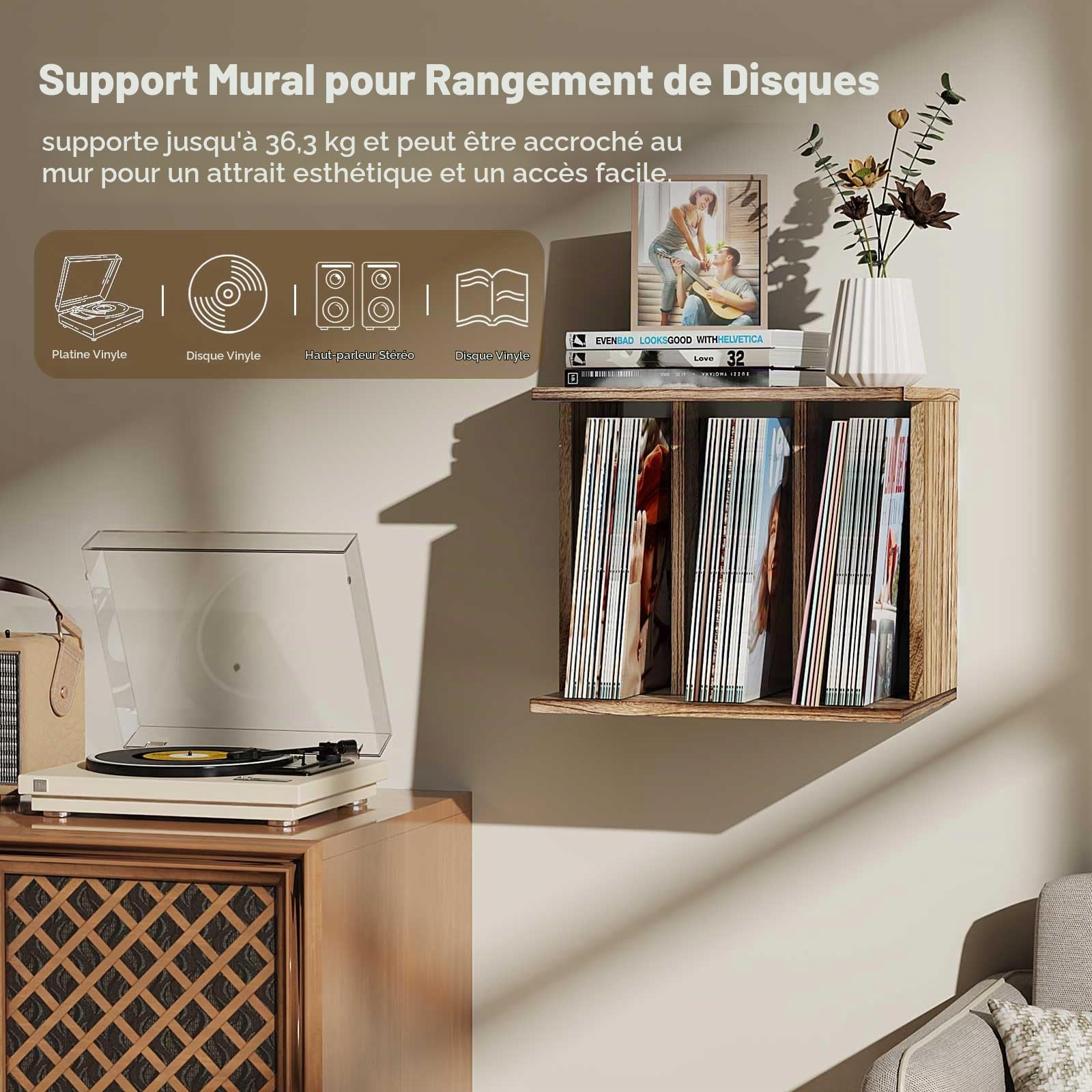 Meuble Platine Vinyle, Rangement Vinyle Étagère Mural 3 Compartiments, Support pour 100 Albums, Idéal pour Salon ou Bureau (Rustique Brun)