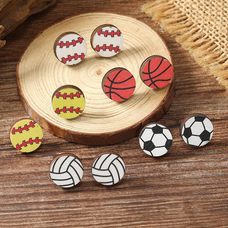 coadipress 8 Pairs Cute Sport Wooden Stud Earrings Set for Women Football Baseball Basketball Volleyball Soccer Softball Glitter Stud Earrings Soprt Lover Jewelry Game Day Accessories Gifts - Image 6