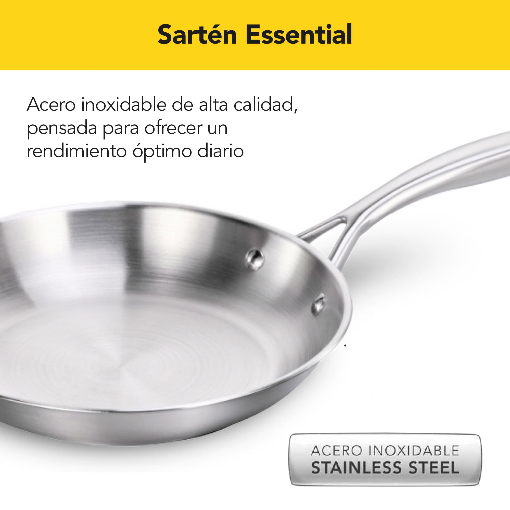 Castey - Sartén Inox Essentials, Modelo E-S24, Color Plata, Tamaño 24 cm, Acero inoxidable, Acabado Elegante, Resistente al desgaste, Apta para Todas las Cocinas
