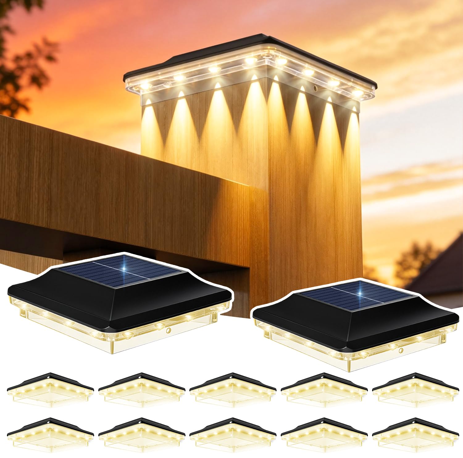 ZCXLIGHT Solar-Pfostenkappen-Lichter, 4 x 4 Pfosten, wasserdicht, 16 LEDs, Spot-Linse, 12 Stück Zaunpfosten, Solarleuchten, 4 x 4, 3,5 x 3,5 cm, Vinyl-Holzpfosten, Solarpfosten für Garten, Terrasse