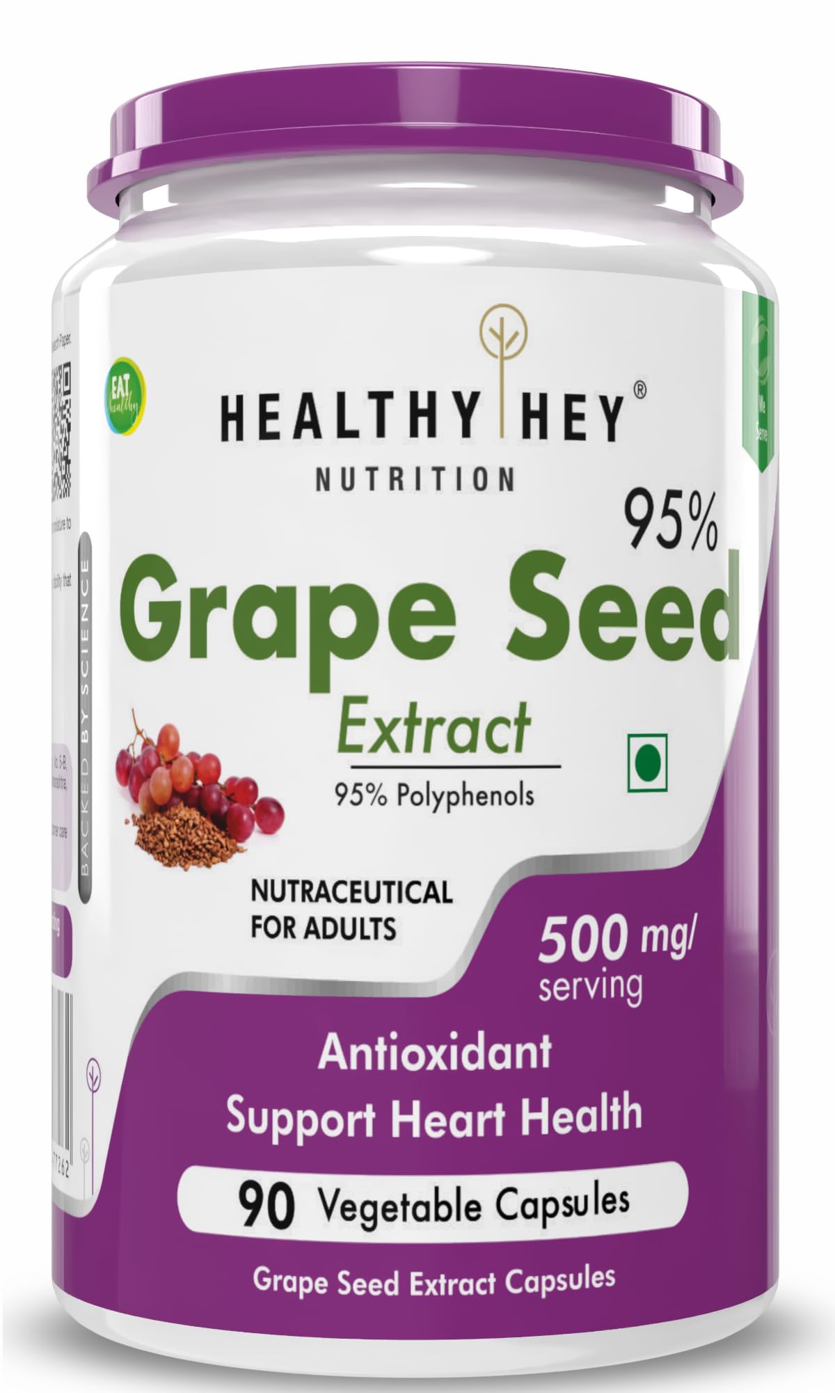 HealthyHey Nutrition Grape Seed Extract | Maximum Strength | 95% Polyphenols | 3 Month Supply | 90 Veggie Caps | (Pack of 1)