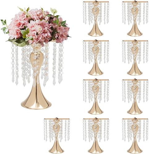 10 piezas de jarrón de cristal para mesas de boda, soporte de flores doradas de 10.2 pulgadas de altura, jarrón floral de metal para decoración de