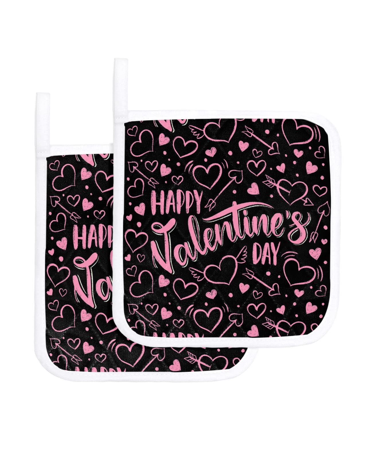 2 Packs Valentine's Day Pot Holders Sets for Kitchen,Oven Pan Plate Bowl Pads Heat Proof Mat with Hanging Loop,Thick Terry Cloth Potholders Soft Grip for Cooking Baking Pink Black Romance Love Heart