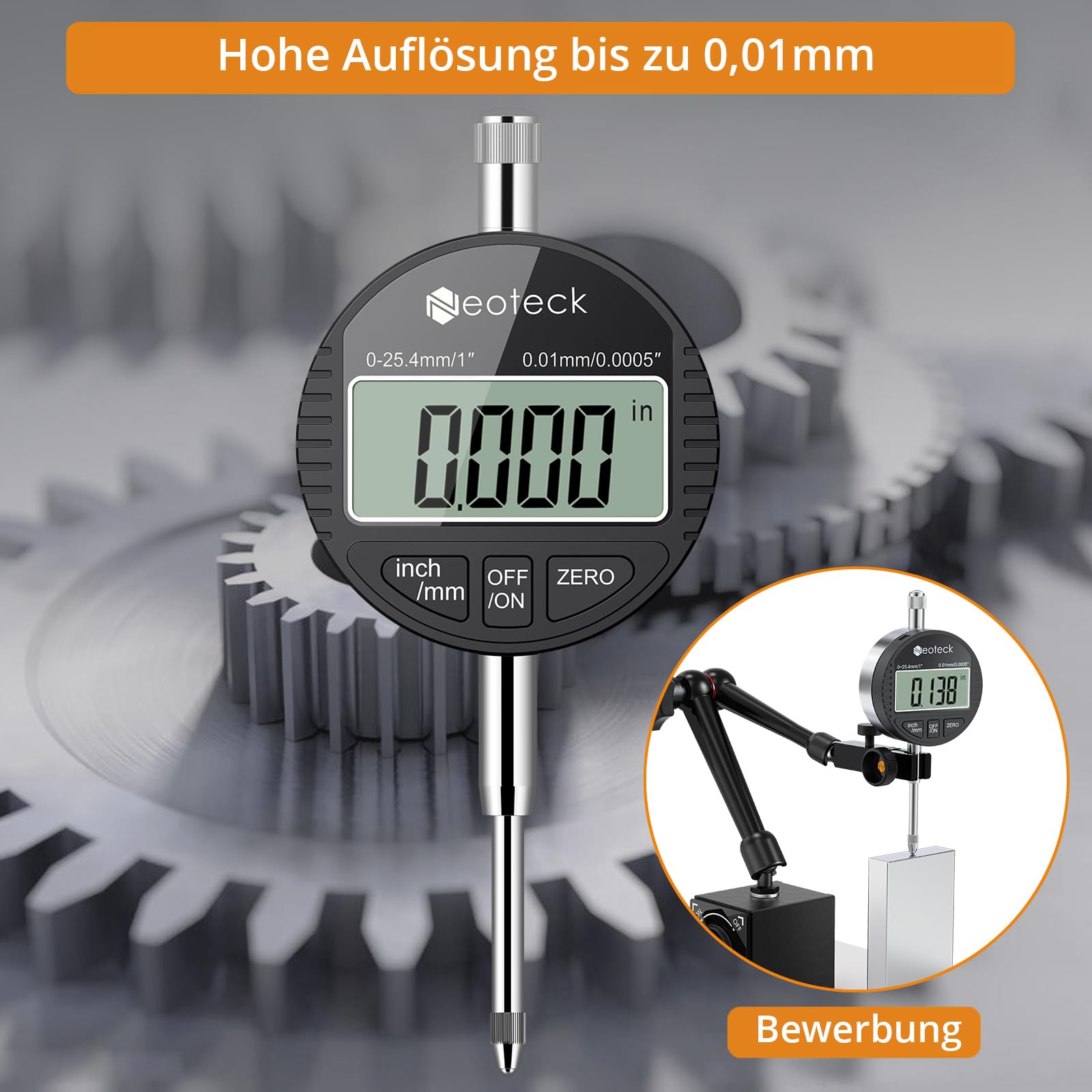 Neoteck Digitale Messuhr 0.01/0.0005'' Digital Messuhr Messtaster 0-25.4mm/1'' Digital Dial indicator Messgerät, für Labor, 3D Drucker, Werkstatt (Schwarz)