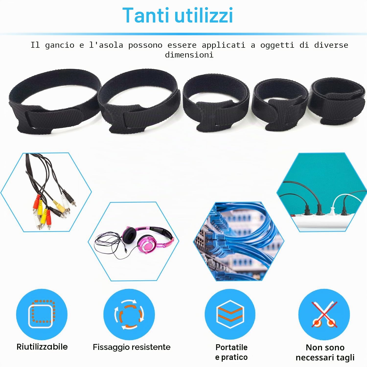 100 Fascette Cavi riutilizzabili, in 4 diverse lunghezze, 200 mm/150mm/120 mm/100 mm, Nylon Fascette nere, per casa, ufficio, ufficio