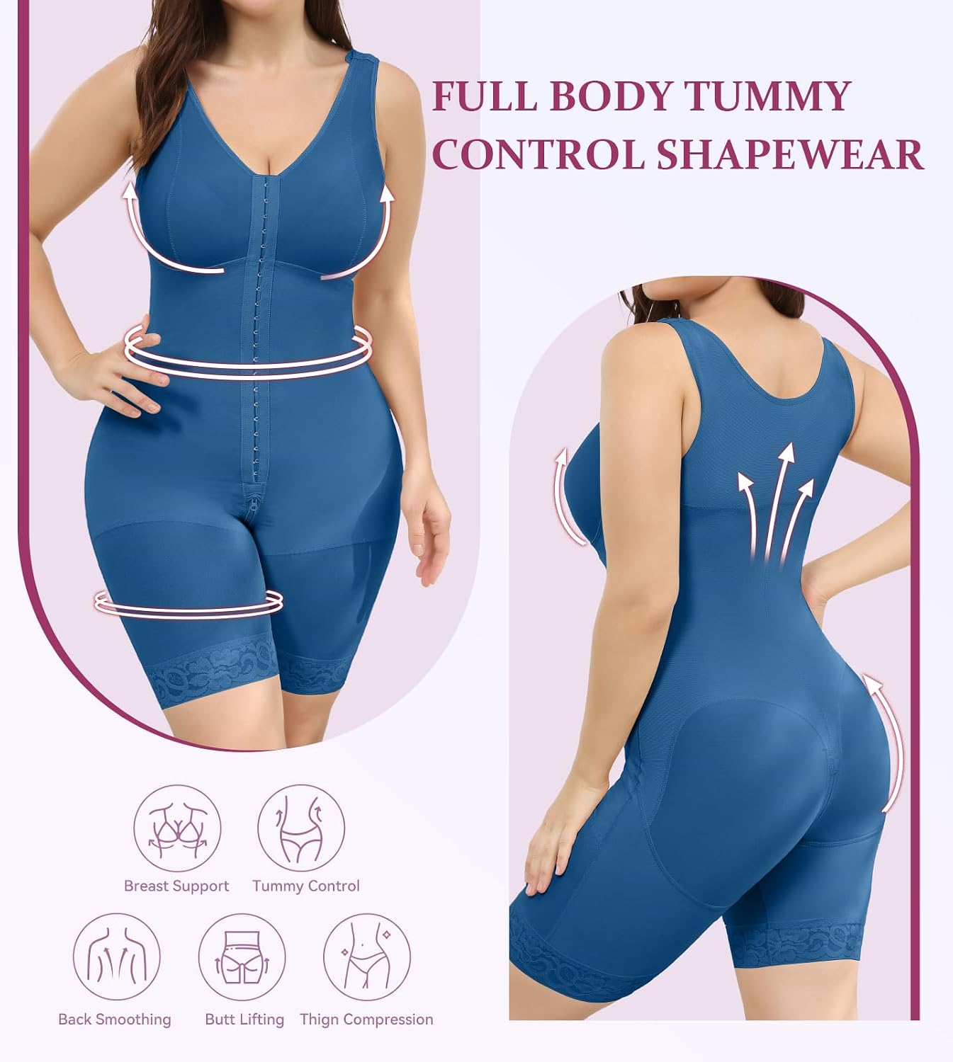 M MYODRESS Fajas Colombianas Plus Size Shapewear Tummy Control with bra | 52%Nylon 48%Spandex, 3 row hook Adjustable Compression, breast support and butt lifter, for postpartum post surgery daily