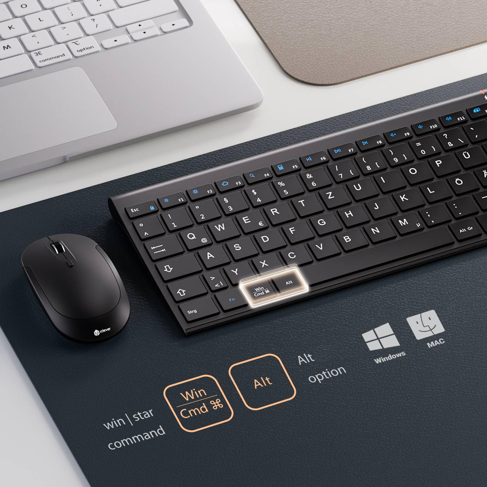 iclever 2.4G Set de teclado y ratón inalámbricos de aluminio QWERTZ para computadora, computadora de escritorio, PC, computadora portátil, Surface, Smart TV y Windows 10, 8, 7 y Vista XP Negro