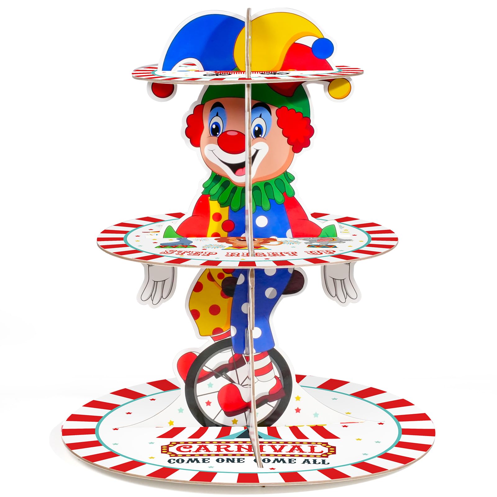 3-Tier Circus Theme Cupcake Stand Carnival Birthday Party Decoration Round Cardboard Cupcake Stand for Carnival Circus Themed Birthday Party Supplies