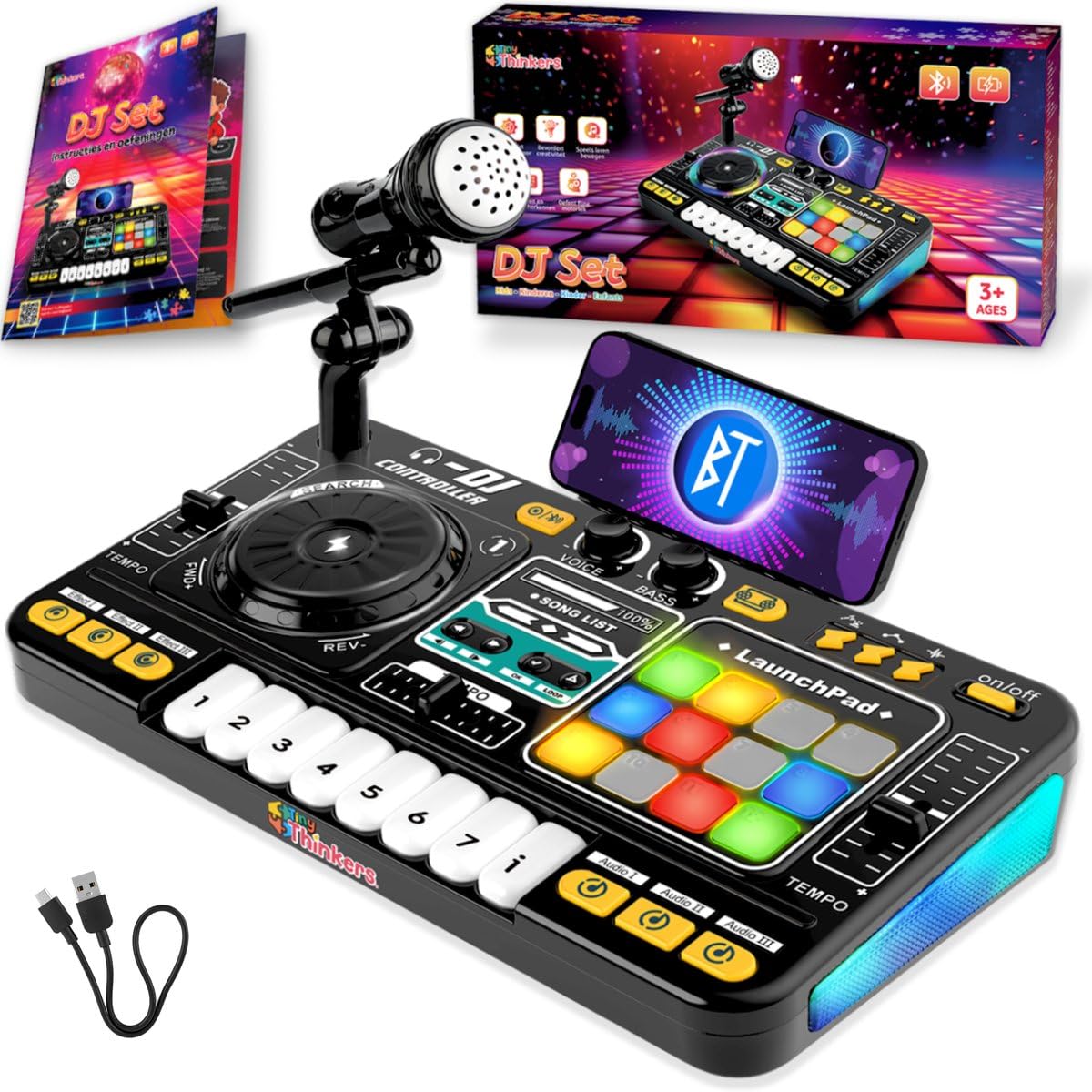 DJ Set für Kinder mit Mischpult & Mikrofon, DJ Pult für Anfänger mit Lichtshow, Bluetooth Verbindung & Touchpads, Wiederaufladbares DJ Mischpult Kinder Spielzeug für Musik & Kreatives Spielen