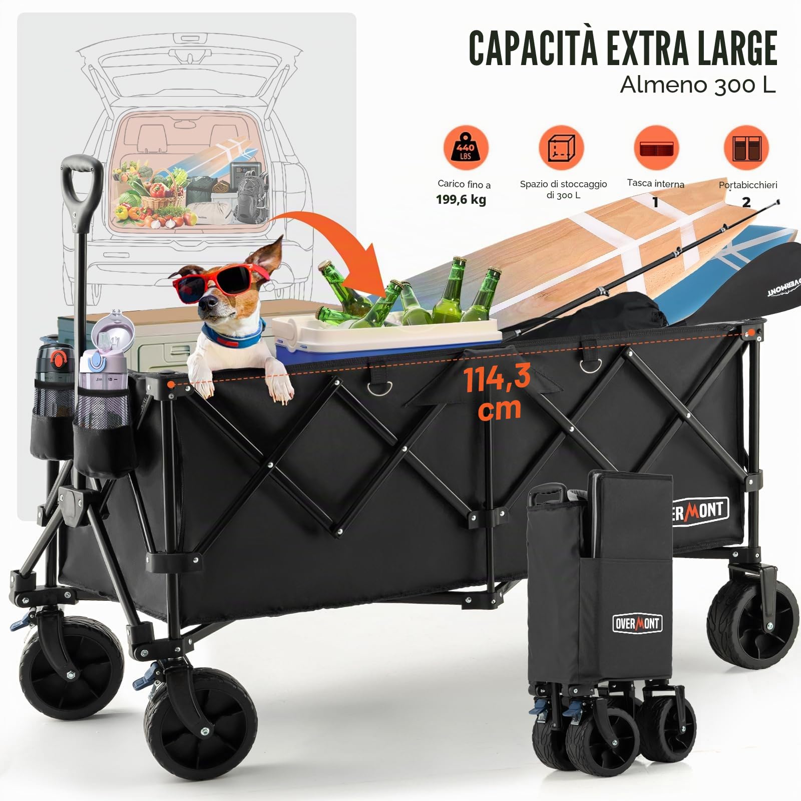 Overmont Carrello Spiaggia Pieghevole - 114CM Carrello da Giardino Pieghevole Esteso con Freni - 300L 200kg Carrelli da Trasporto con Ruote Grandi Tutti i Terreni - Ideale per Campeggio Shopping Sport