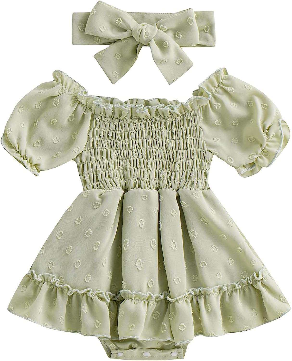 DRESHOW Bebé Niñas Vestido Romper Patrón de Puntos de Manga Corta Acanalada Monos Faldas Hem Bodysuits con Diadema