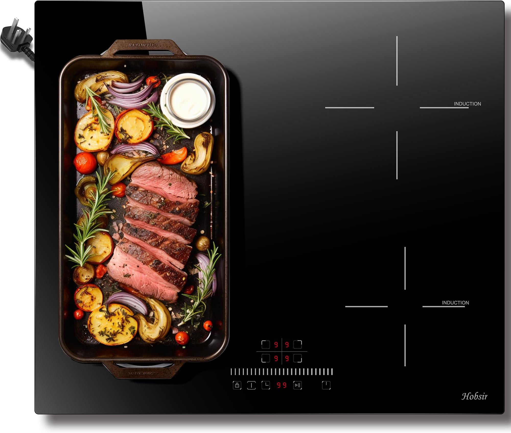 Hobsir hob Plug in Induction Hob 4 Zones Plug in Electric Hob 60cm with Flexible Zone for Griddle Plate, Bulit-in, 2800W, Slider Touch, Timer, Child-safety Lock, Pause Function,13 Amp