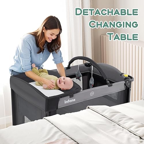Miniatura 4 de INFANS Cuna de bebé, 4 en 1 para guardería y juego de bebé con cambiador, mosquitera, cesta de almacenamiento, bolsa de viaje para recién nacidos de
