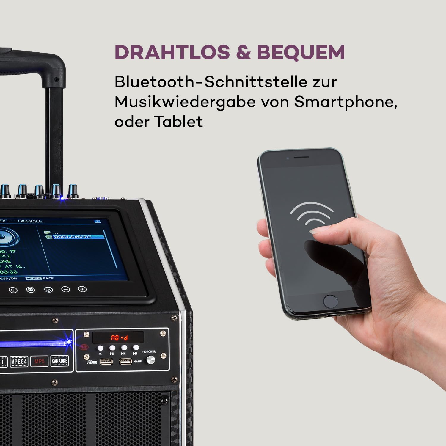 auna Pro DisGo Box 2100 DVD Mobile PA-Anlage, 300 W max., 9" (23 cm) TFT-Display, DVD-Player, 2 x 10 (25,5 cm) Subwoofer, Bluetooth-Funktion, XMR Bass Technology, drahtloses UHF-Mikrofone, anthrazit