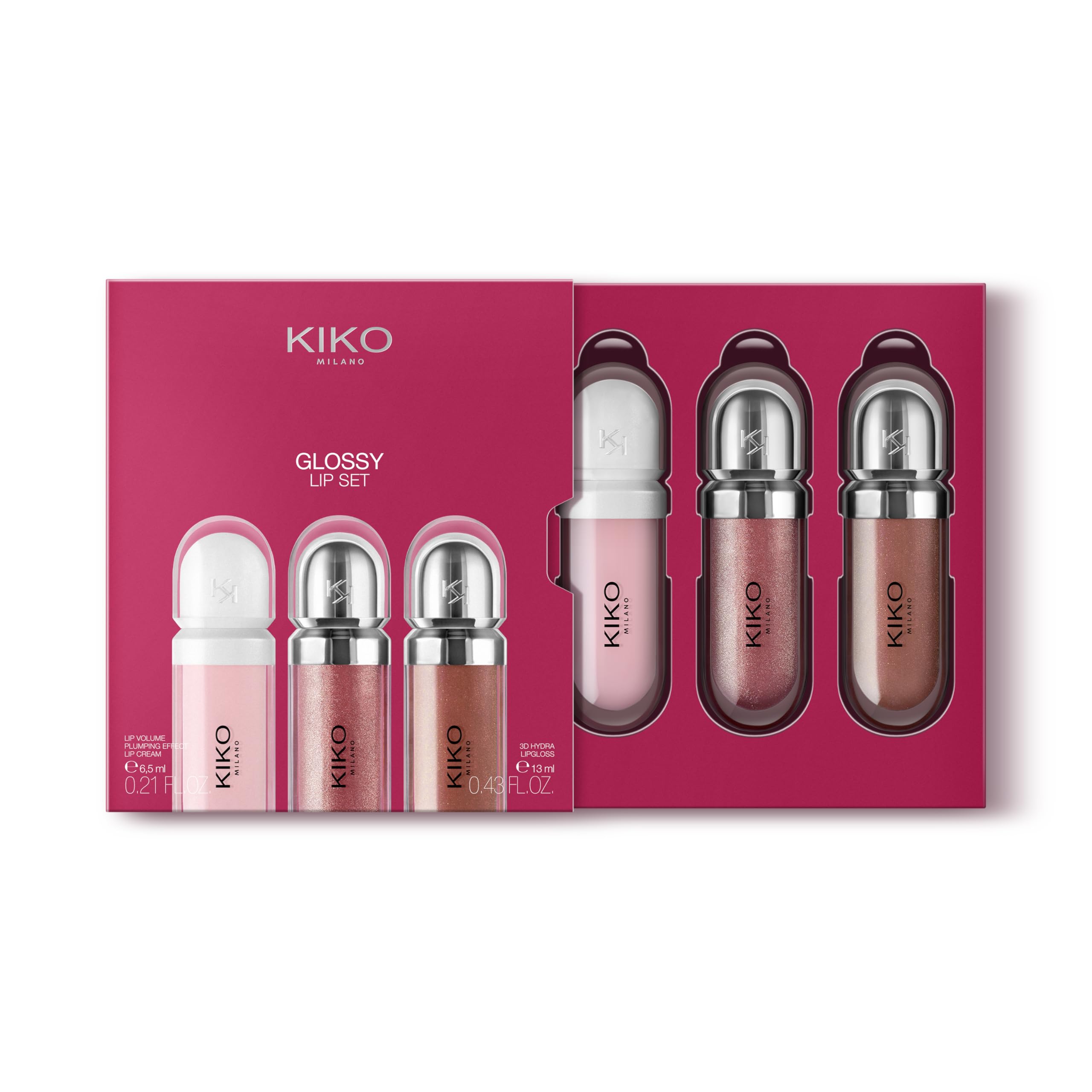 KIKO Milano Glossy Lip Set, Set Makeup: 2 Lucidalabbra Idratanti E 1 Crema Labbra Perfezionatrice