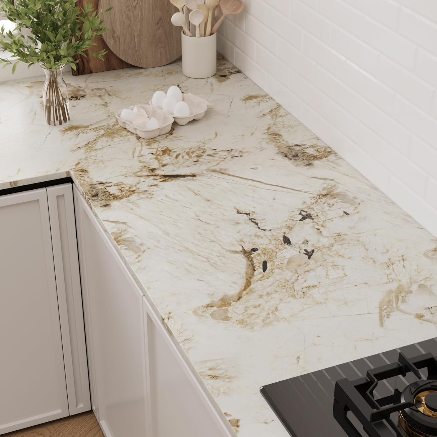 VaryPaper 15.7"x78.7" Beige Brown Marble Contact Paper Kitchen Countertop Peel and Stick Waterproof Marble Vinyl Wrap for Cabinets Table Removable Self Adhesive Granite Wall Paper for Bathroom Bedroom