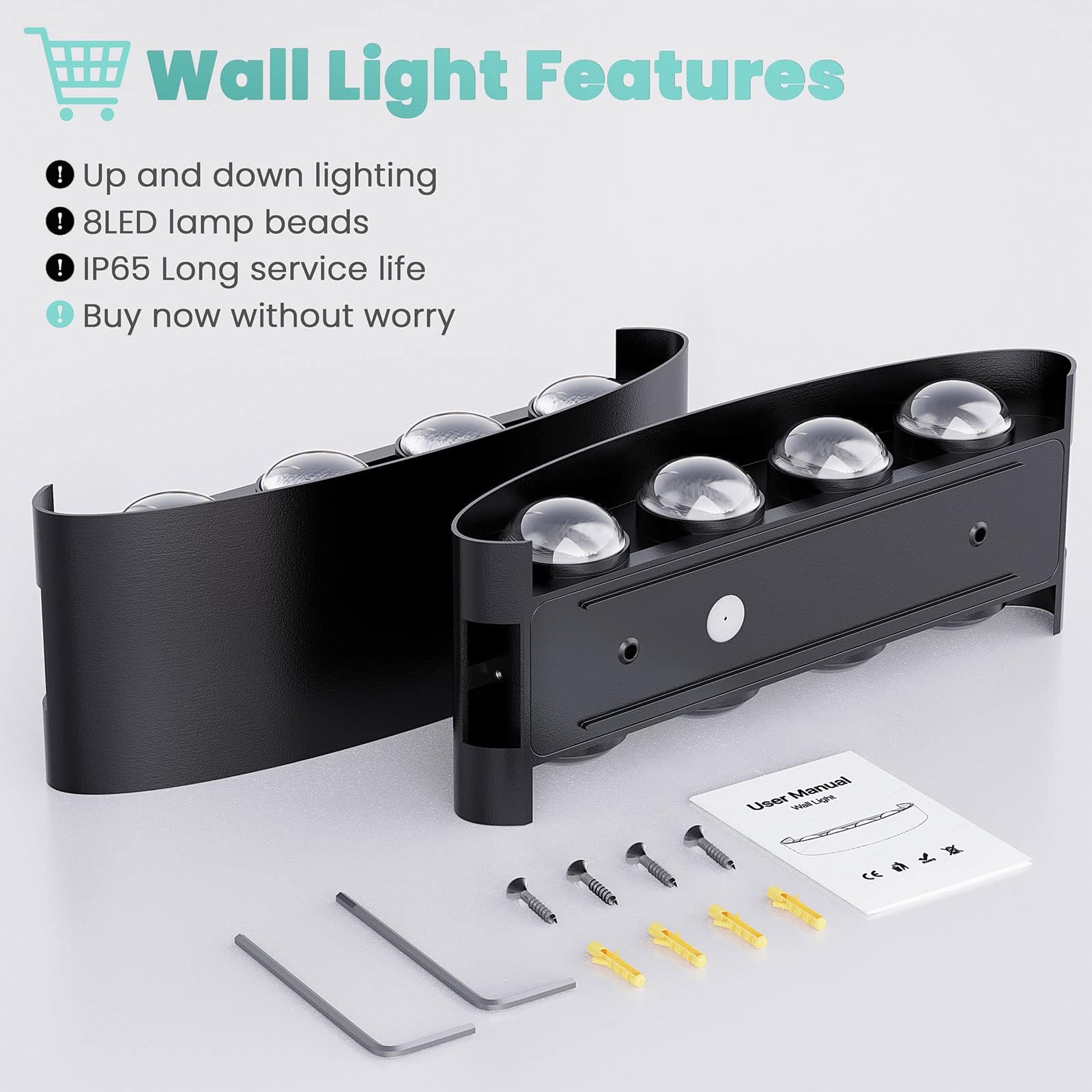 Lureshine 2 Stück Wandleuchte Innen, 22x8x5cm Up an Down Wandlampe, Aluminium-Druckguss Aussen 8w Schwarz IP 65 LED 3000K Warmweiß, für Wohnzimmer Schlafzimmer, Flur, Balkon, Treppenhaus