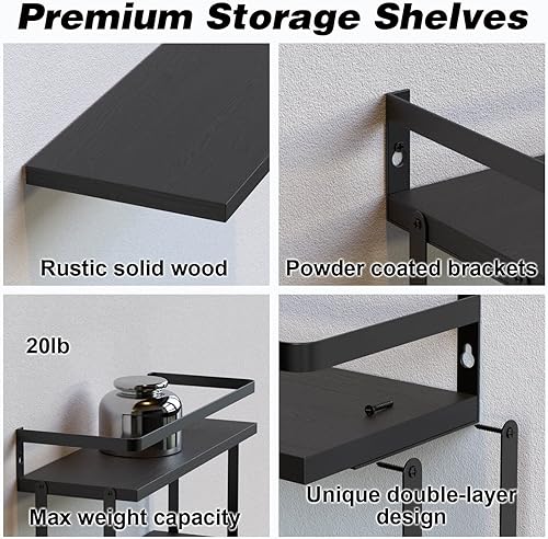 Miniatura 9 de RICHER HOUSE - Juego de 2 estantes flotantes montados en la pared de 2 + 1 niveles, estantes de pared de madera rústica con marco de metal, estante