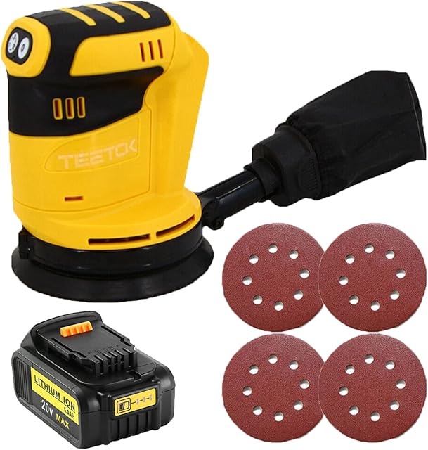 Orbital Sander, Cordless Random Orbital Sander for Dewalt 18V Li-Ion LXT Battery, with 4 Sandpapers & Collection Bag, Electri Sander for Sanding, Polishing Metal/Wood(Free 5.0Ah Battery)