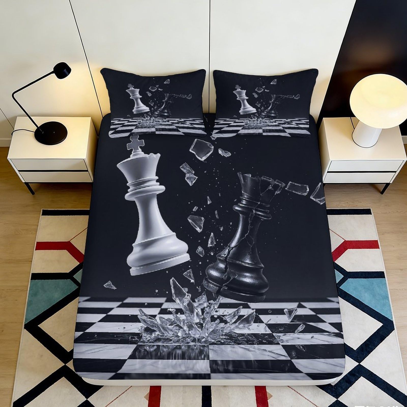 3D Printed Chess Battle Fitted Sheet Microfiber Artistic Black and White Bed Cover for Bedroom Guest Room Decor 90x200x25cm