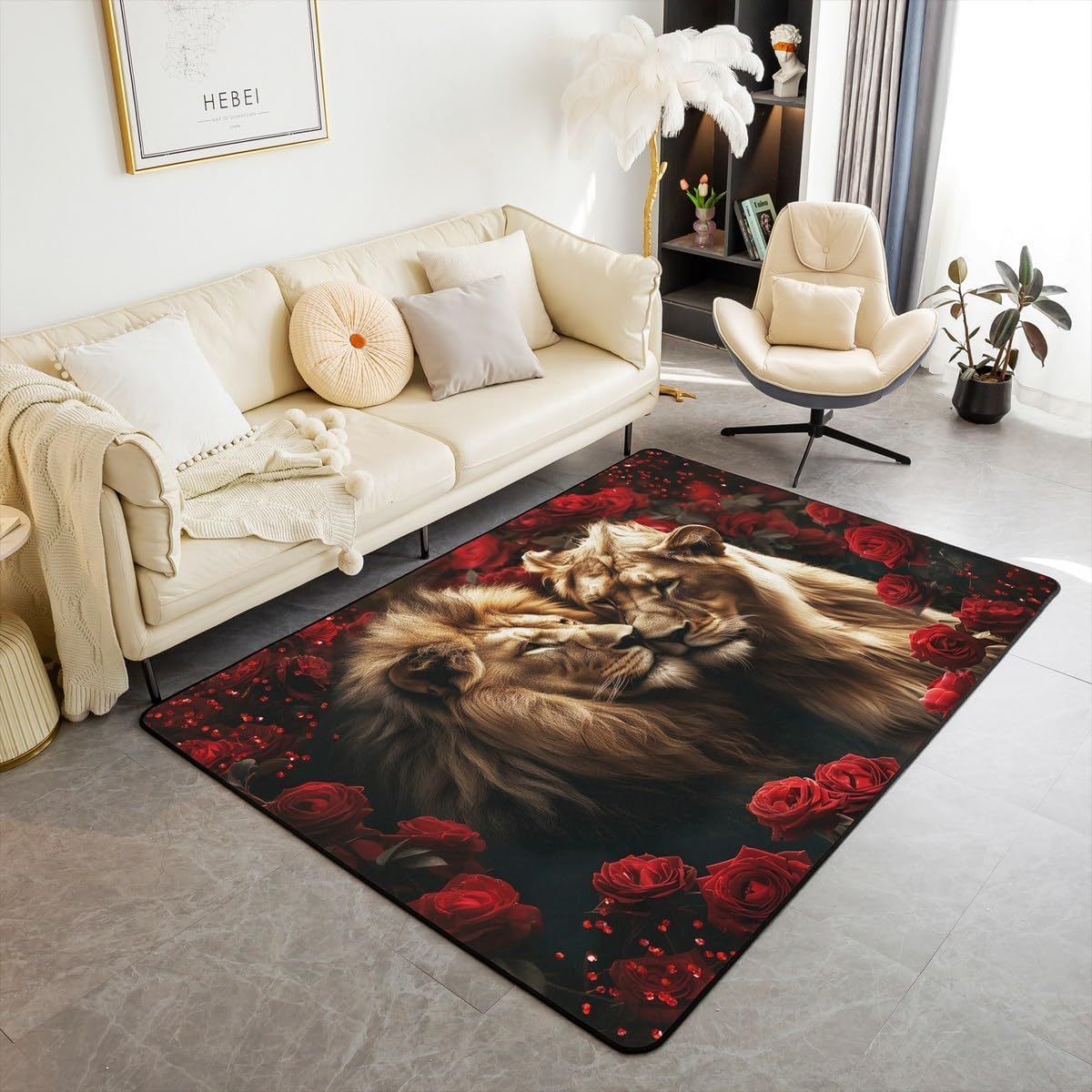 Tapis de salon 120 x 160 cm motif lion 3D avec envers antidérapant