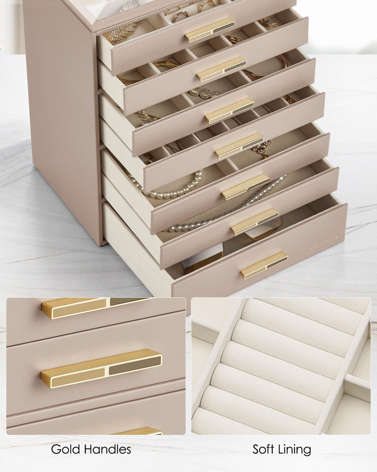VLANDO Boîte à bijoux à 7 niveaux, boîte à bijoux, rangement de bijoux, organiseur de bijoux avec couvercle en verre, pour colliers, boucles d'oreilles, montres, bracelets, moderne, café au lait