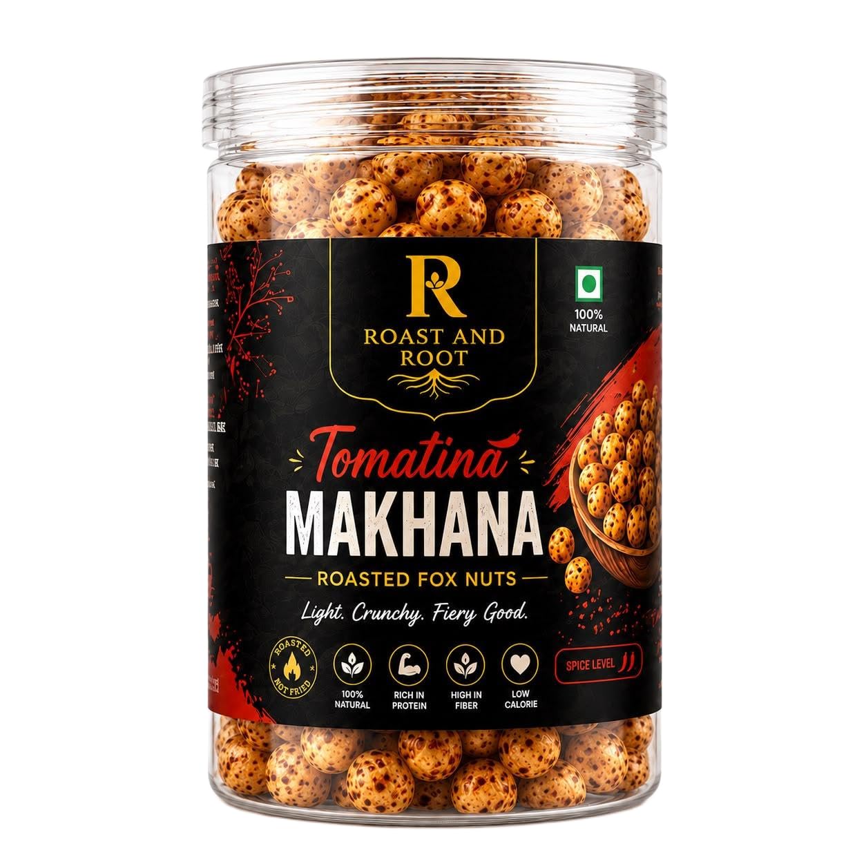 ROAST & ROOT Tomatina Roasted Makhana (Fox Nuts) | Tangy Tomato Flavour | Roasted, Not Fried | High Protein & High Fiber | Healthy Snack | 100% Natural | Pack of 3 Jar 50gm each-image-3